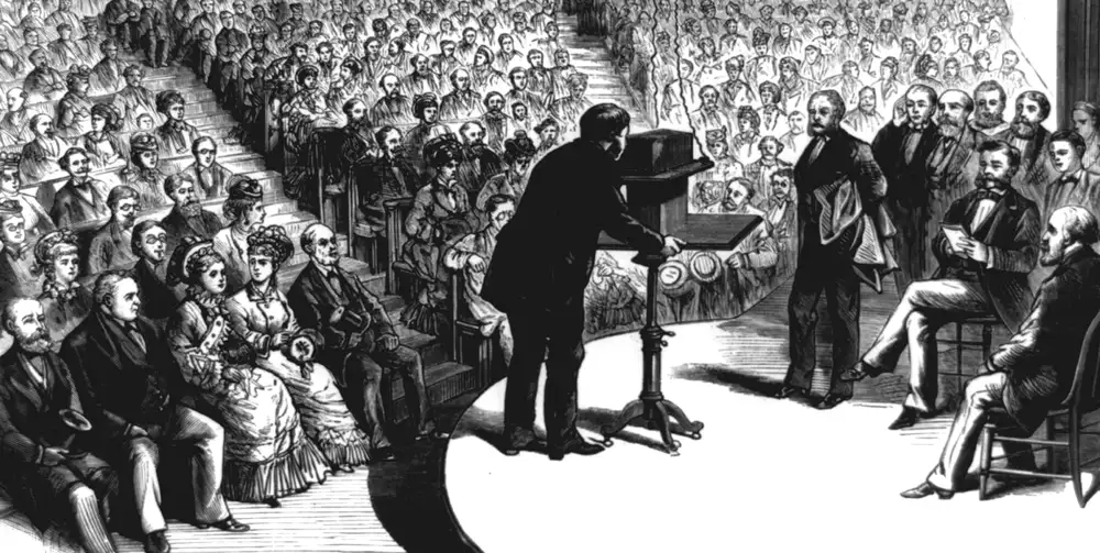 El profesor Bell en el Lyceum Hall de Salem habla con un grupo de científicos en Boston, según bocetos de E. R. Morse, 1877.