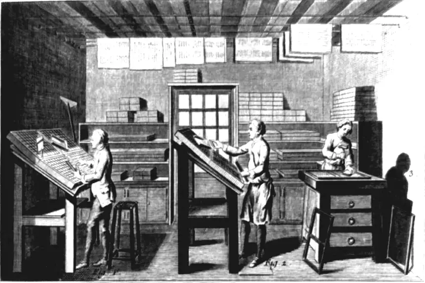 Taller de cajistas, lámina de imprenta de 1769.