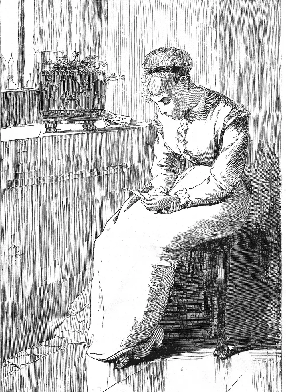 La carta de George Blake, dibujado por Winslow Homer para la novela Susan Fielding, The Galaxy, enero de 1870.