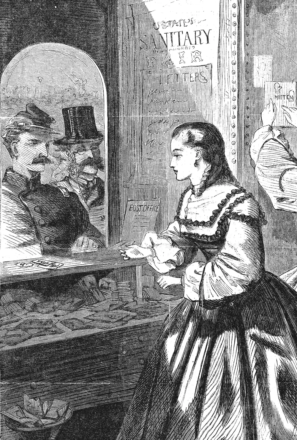 «Any thing for me, if you please?», la oficina de correos de la Feria de Brooklyn, dibujado por Winslow Homer, Harper's Weekly, 5 de marzo de 1864.