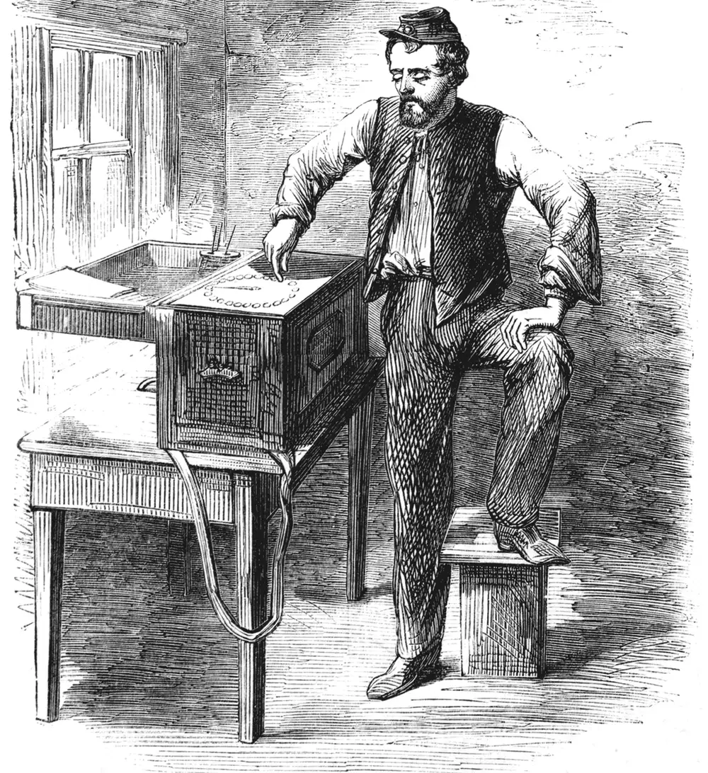 El operador del telégrafo del ejército, dibujado por Alfred R. Waud, grabado en madera, 1863.