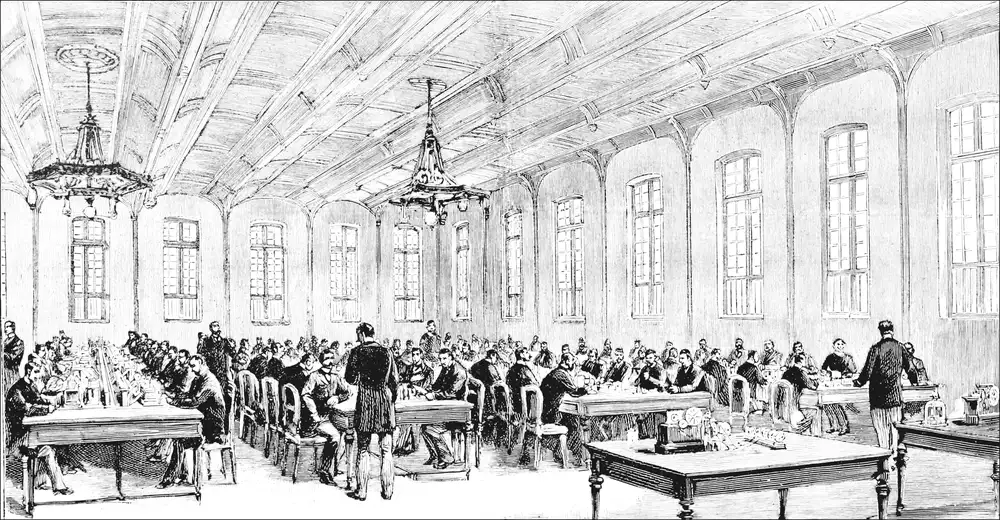 La sala de operadores de la gran central telegráfica de París, Popular Science Monthly, volumen 44, 1893.