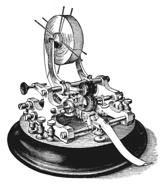 El teletipo de bolsa que Edison inventó en 1869, en American Telegraphy de William Maver, 1892.
