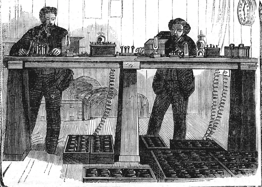 Interior de la estación telegráfica de Valentia, Irlanda, Harper's Weekly, 1865.