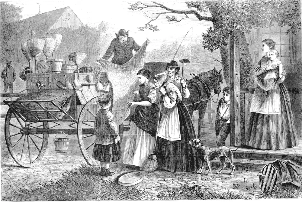 El carro del vendedor ambulante, dibujado por C. G. Bush, Harper's Weekly, 20 de junio de 1868.